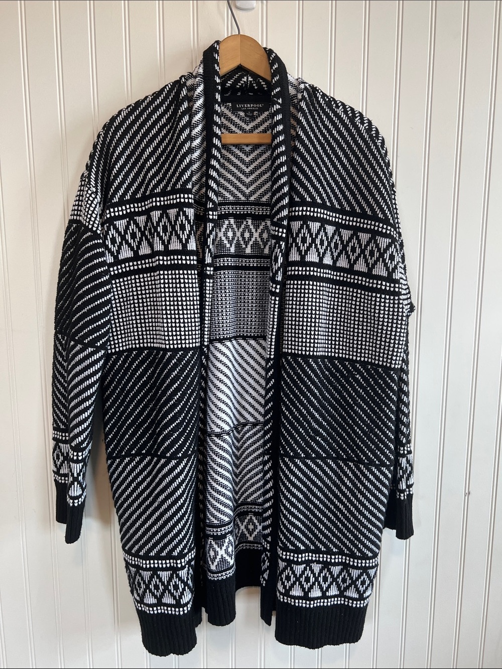 Liverpool Black & White Patterned Open-Front Cardigan Large pockets